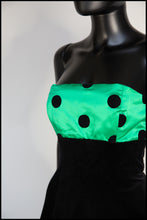 Vintage 1980s Black Velvet Green Polka dot Dress