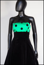 Vintage 1980s Black Velvet Green Polka dot Dress