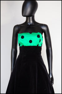 Vintage 1980s Black Velvet Green Polka dot Dress