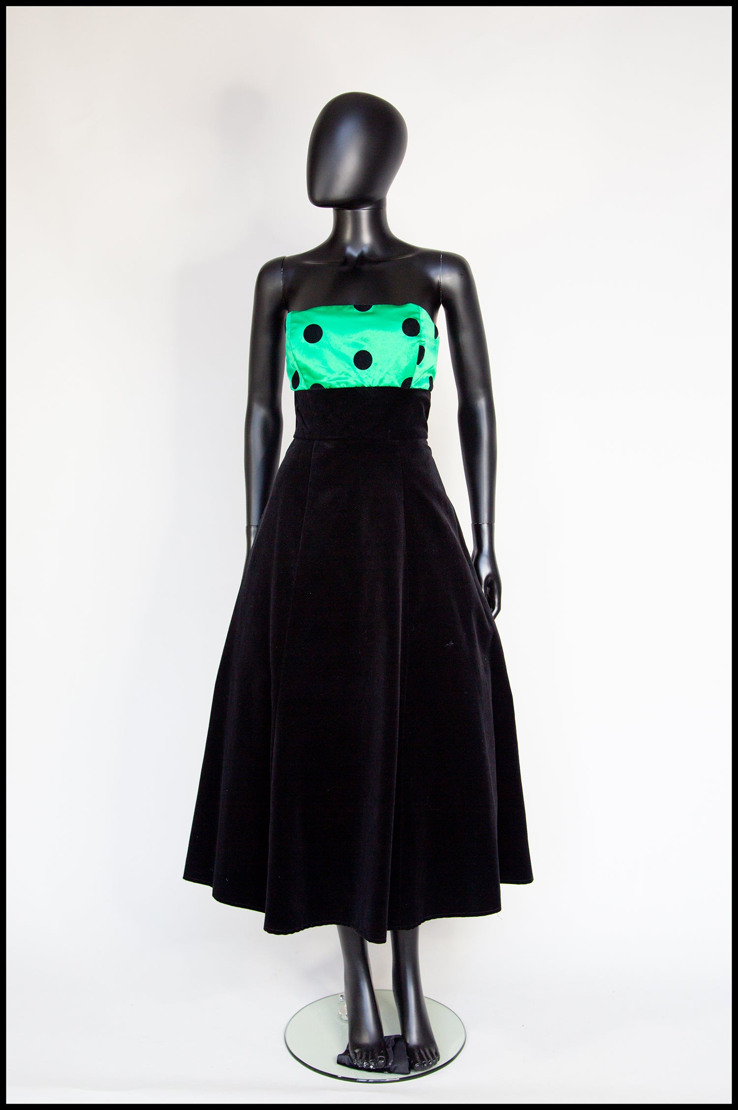 Vintage 1980s Black Velvet Green Polka dot Dress