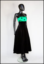 Vintage 1980s Black Velvet Green Polka dot Dress