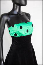 Vintage 1980s Black Velvet Green Polka dot Dress