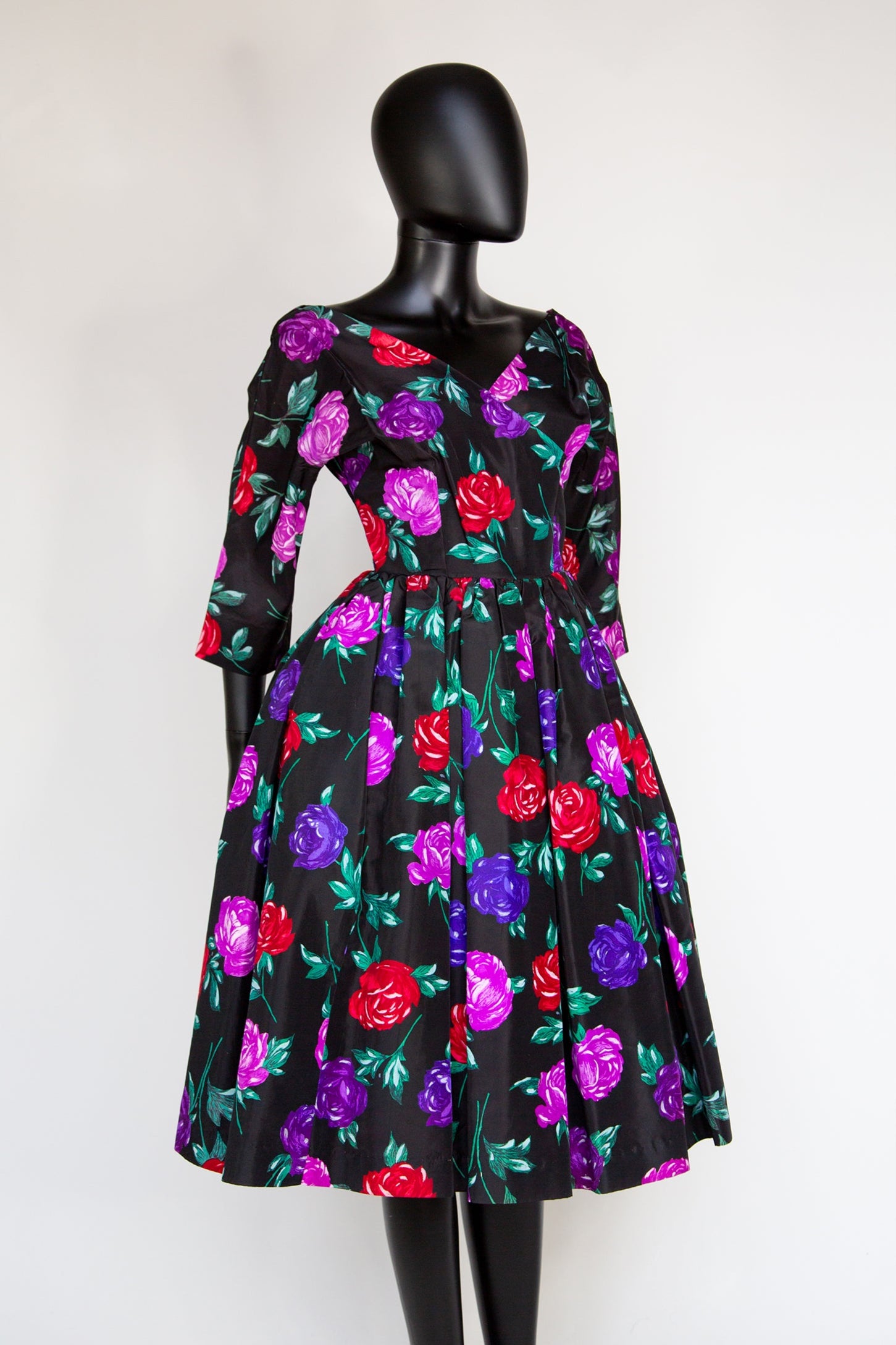 1950s black rose print taffeta cocktail dress