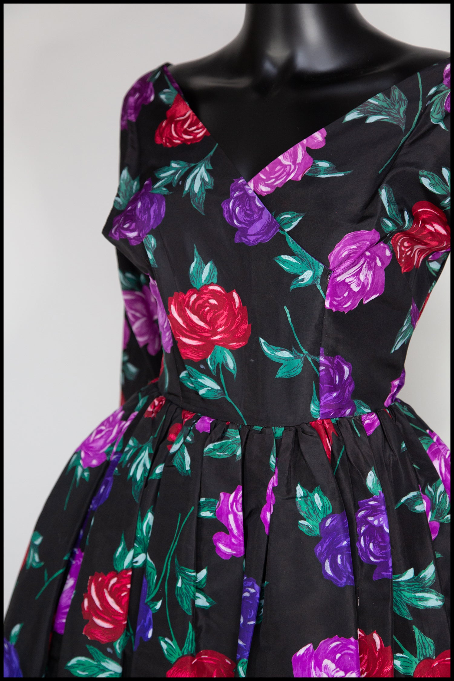 Vintage 1950s Black Rose Print Taffeta Cocktail Dress