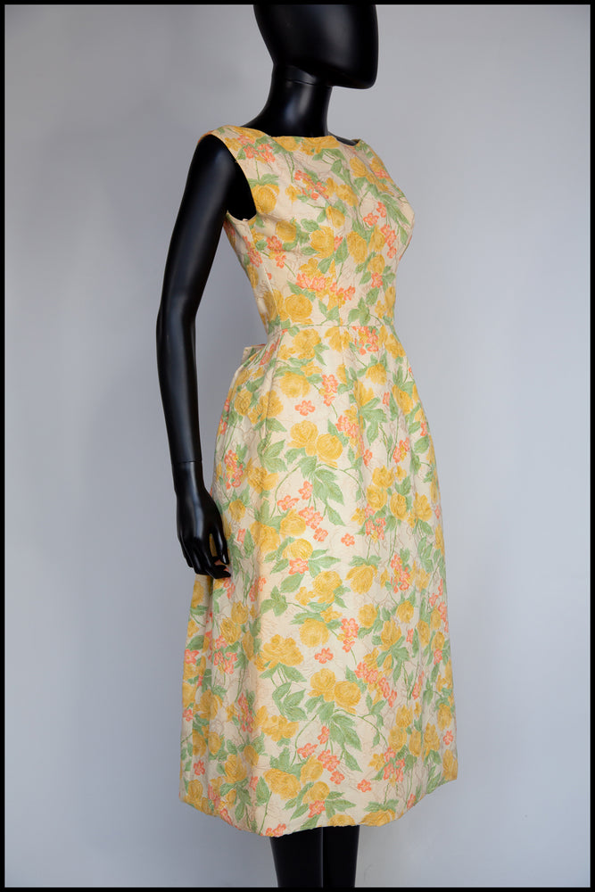 Vintage 1950s Pastel Floral Brocade Cotton Dress