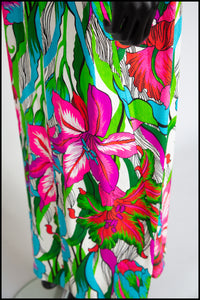 Vintage 1960s Hawaiian Barkcloth Print Maxi Dress