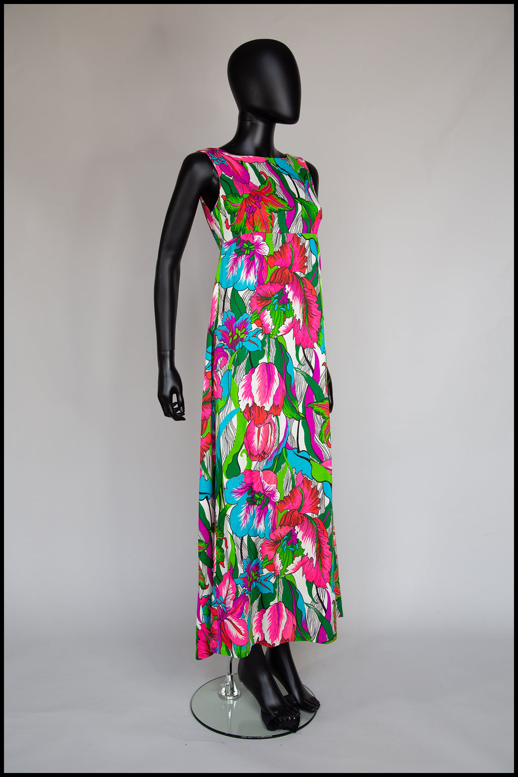 Vintage 1960s Hawaiian Barkcloth Print Maxi Dress