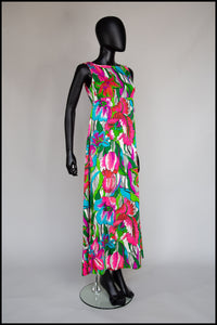 Vintage 1960s Hawaiian Barkcloth Print Maxi Dress