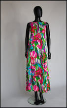 Vintage 1960s Hawaiian Barkcloth Print Maxi Dress
