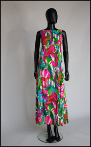 Vintage 1960s Hawaiian Barkcloth Print Maxi Dress
