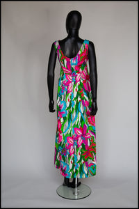 Vintage 1960s Hawaiian Barkcloth Print Maxi Dress
