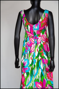 Vintage 1960s Hawaiian Barkcloth Print Maxi Dress