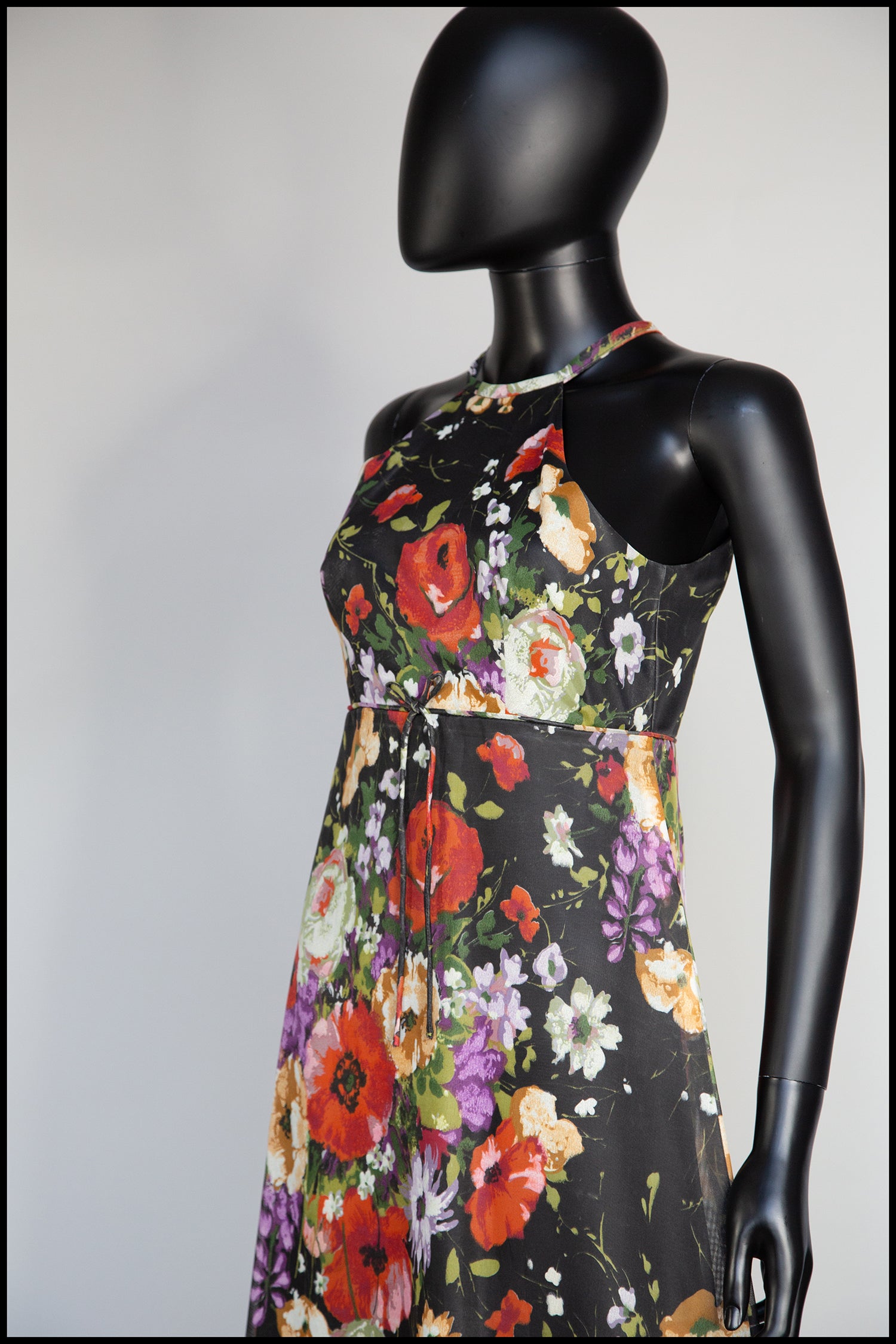 Vintage 1970s Black Rose Floral Chiffon Maxi Dress