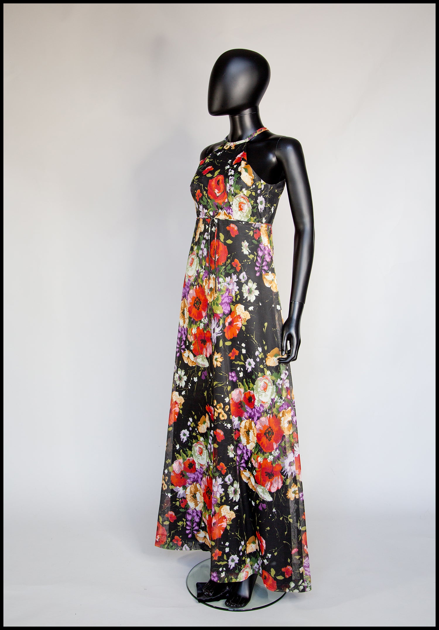 Vintage 1970s Black Rose Floral Chiffon Maxi Dress