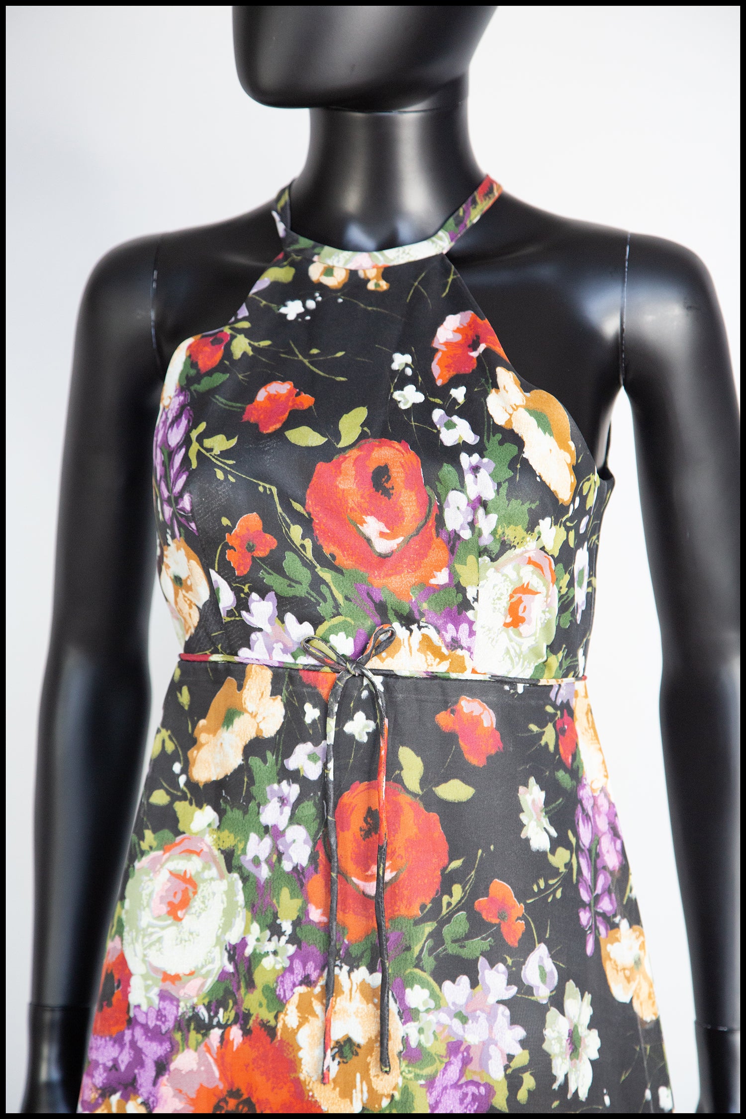 Vintage 1970s Black Rose Floral Chiffon Maxi Dress