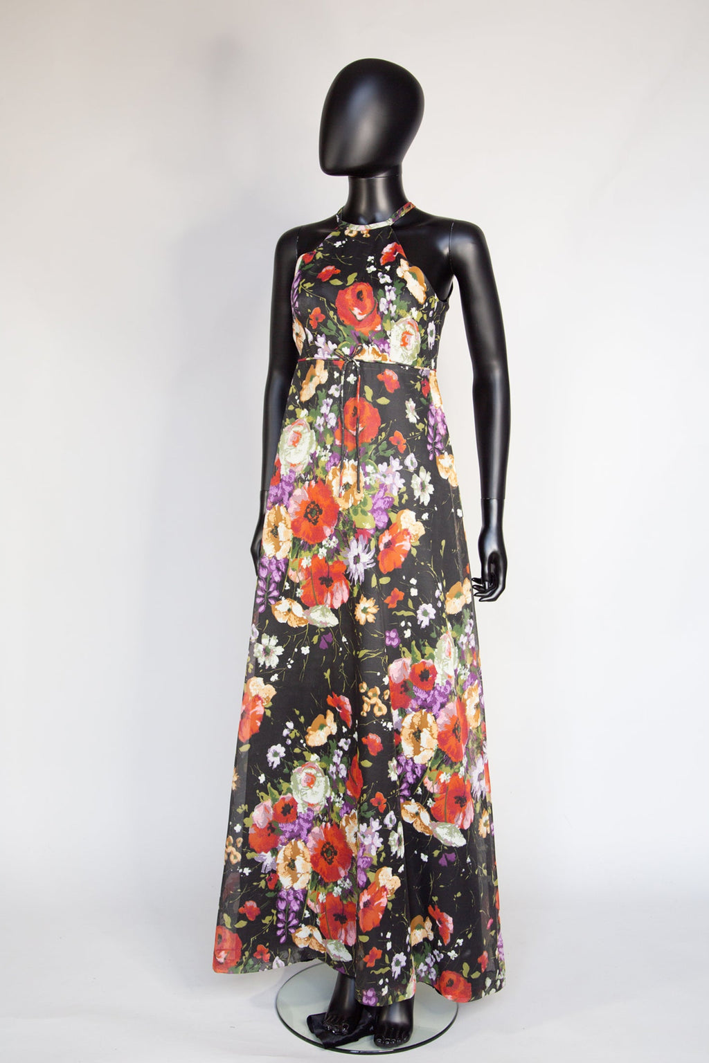 Vintage 1970s Black Rose Floral Chiffon Maxi Dress