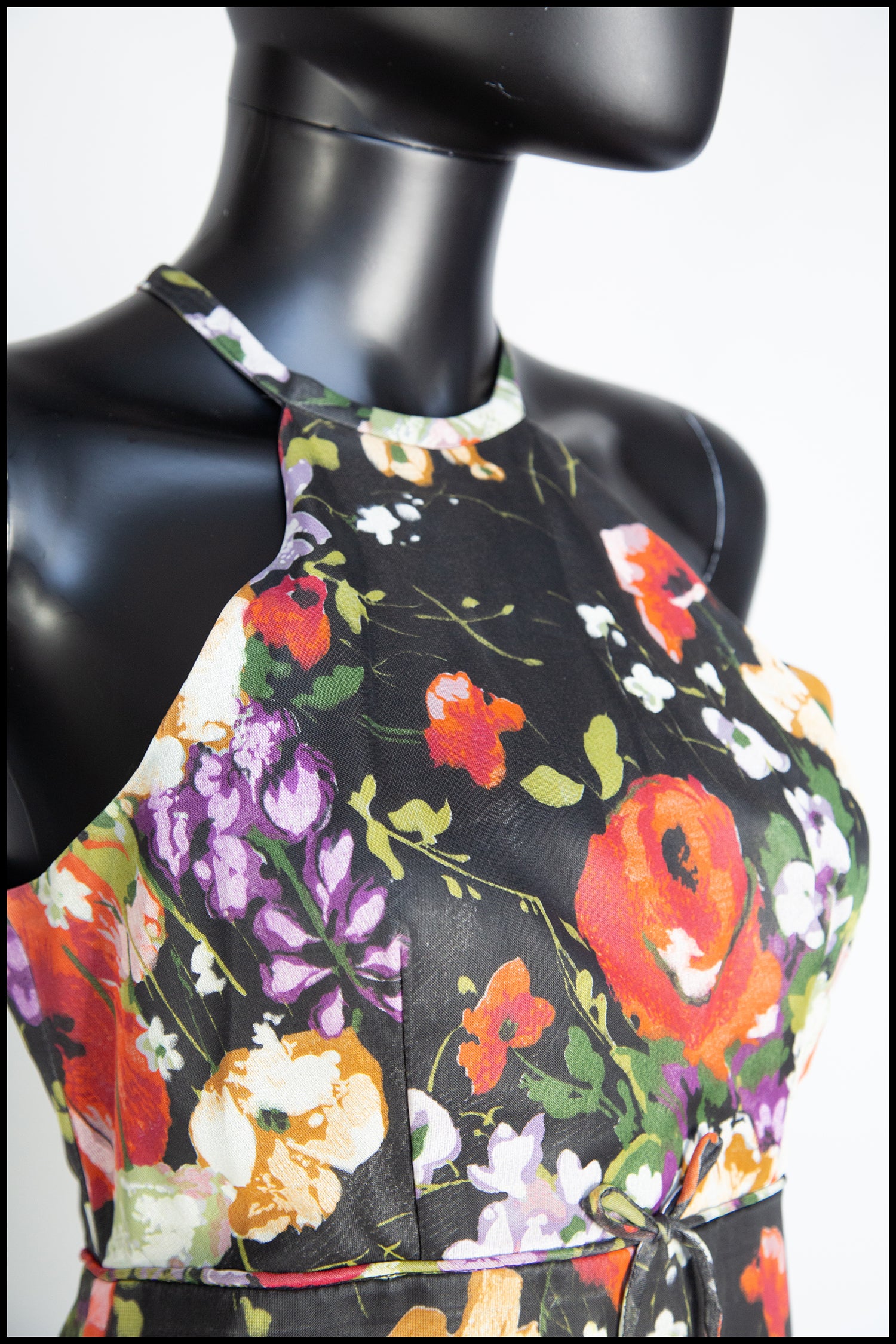 Vintage 1970s Black Rose Floral Chiffon Maxi Dress