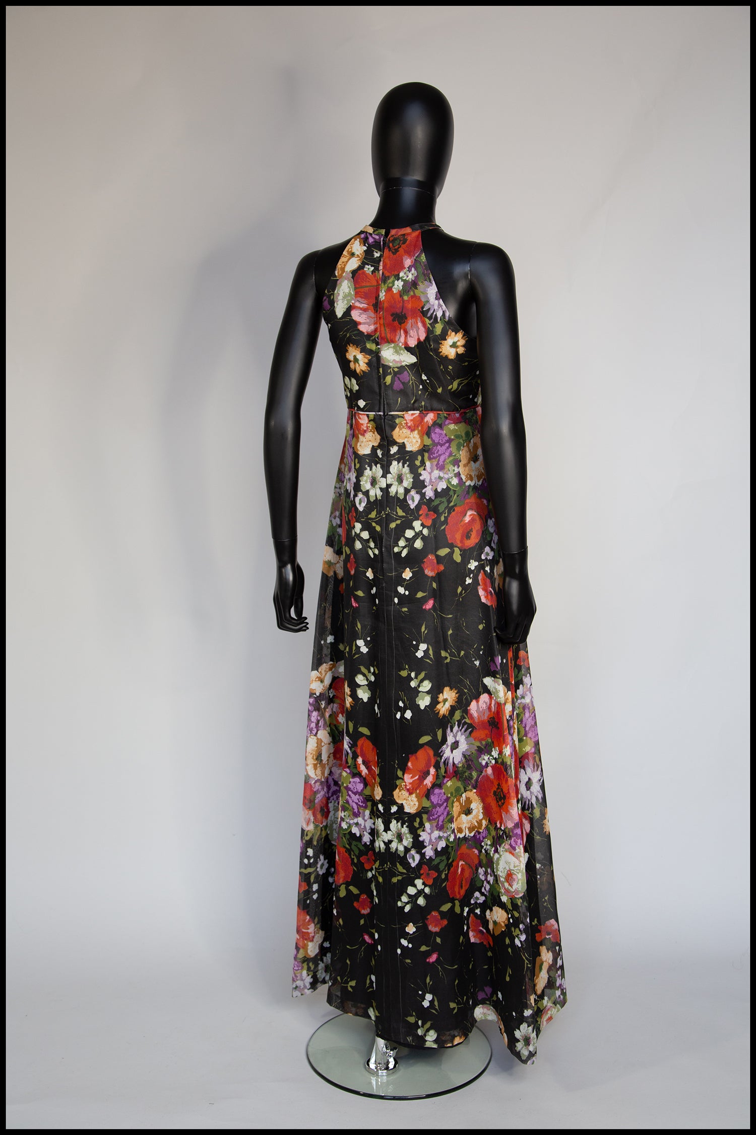 Vintage 1970s Black Rose Floral Chiffon Maxi Dress
