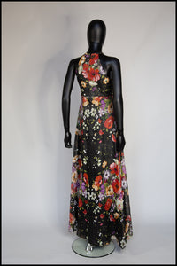 Vintage 1970s Rose Floral Chiffon Maxi Dress