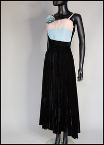 Vintage 1940s Black Pastel Silk Velvet Dress