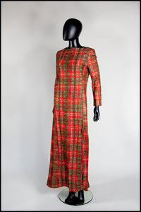 Vintage 1970s Red Plaid Lurex Maxi Dress