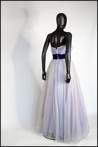 Vintage 1950s Blue Flocked Organza Gown
