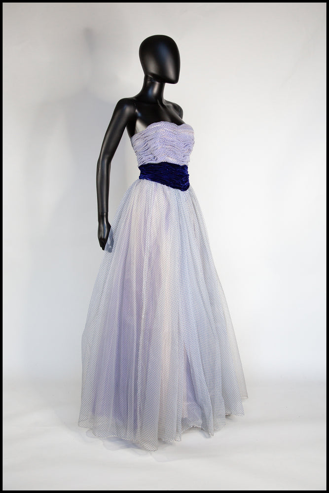 Vintage 1950s Blue Flocked Organza Gown