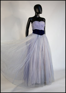 Vintage 1950s Blue Flocked Organza Gown