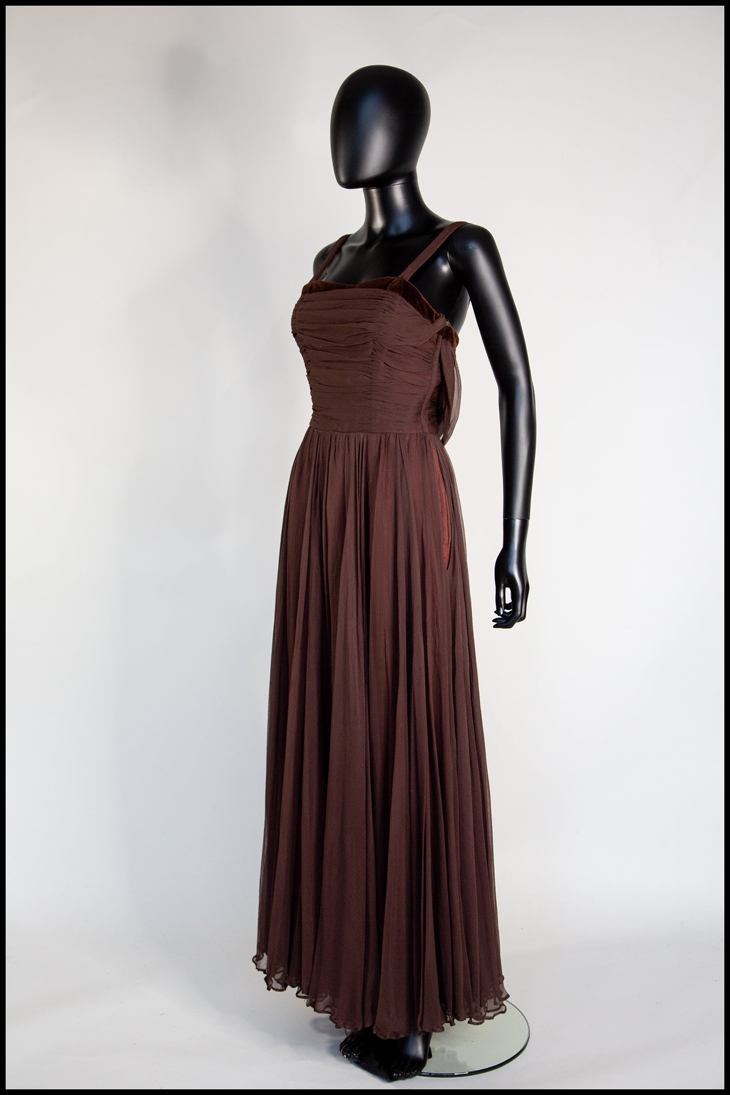 Vintage 1950s Dark Brown Silk Chiffon Maxi Dress