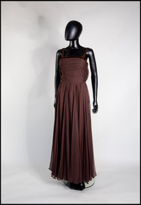 Vintage 1950s Dark Brown Silk Chiffon Maxi Dress