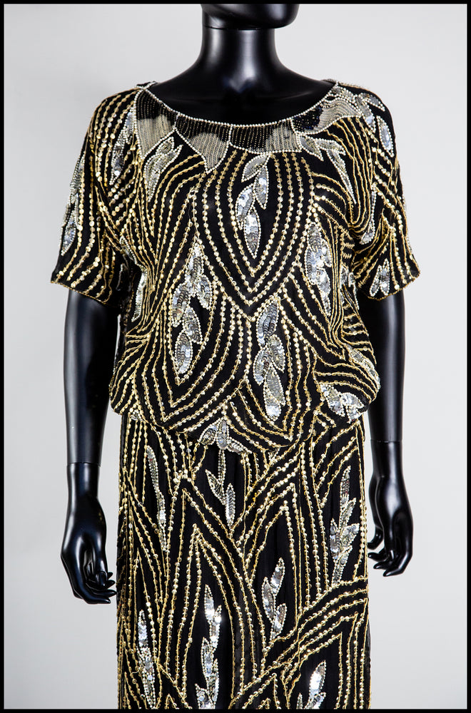 Vintage 1980s Gold Black Beaded Two Piece Dress