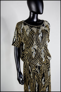 Vintage 1980s Gold Black Beaded Two Piece Dress