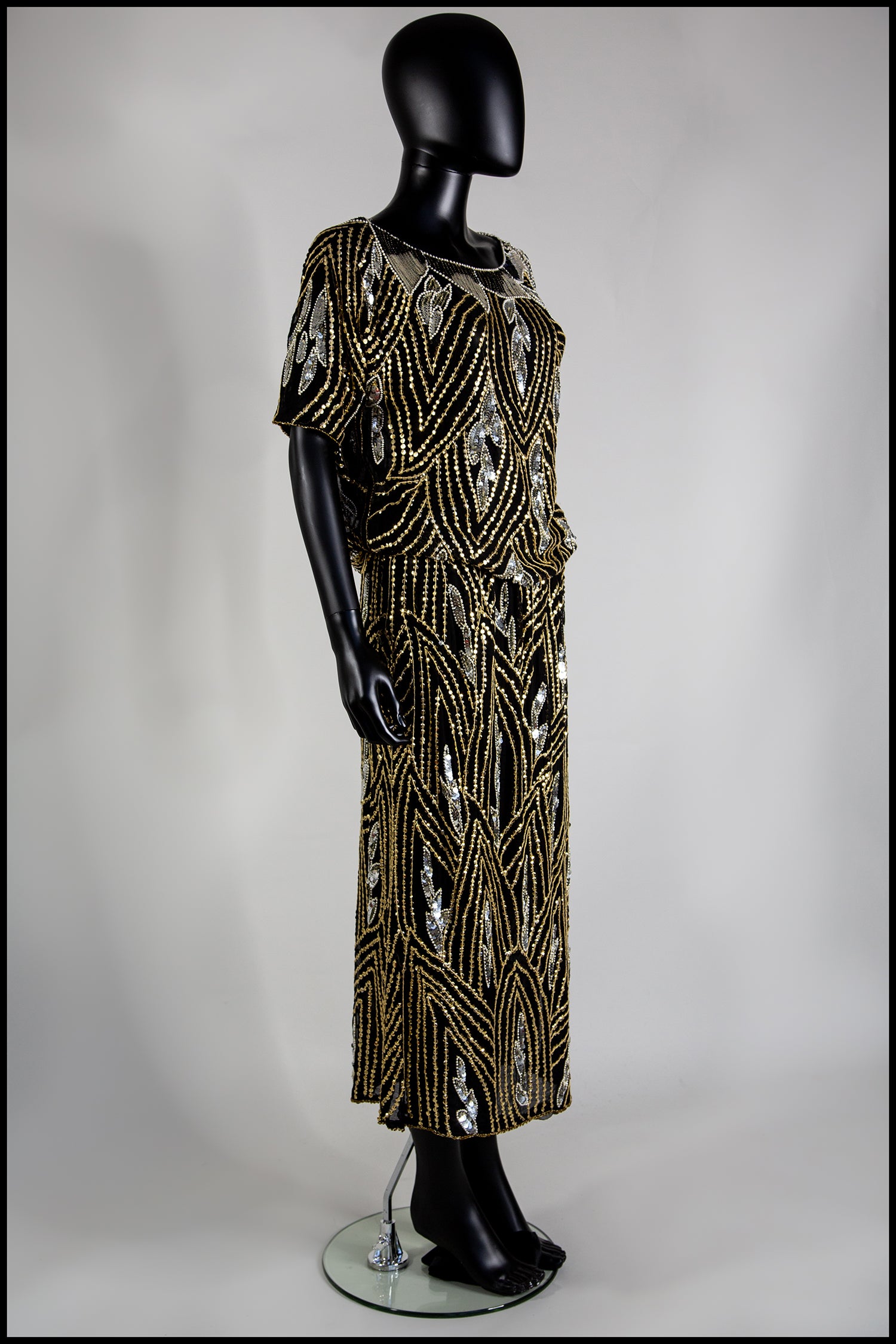 Vintage 1980s Gold Black Beaded Two Piece Dress