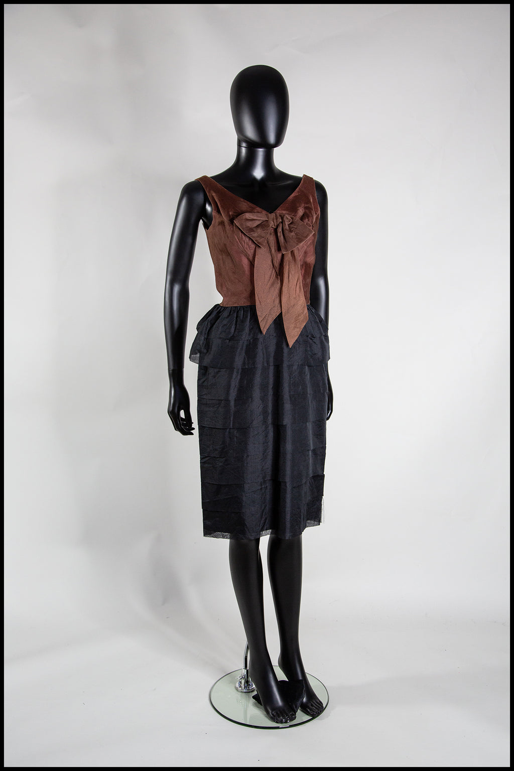 Vintage 1950s Brown Black Silk Ruffle Cocktail Dress
