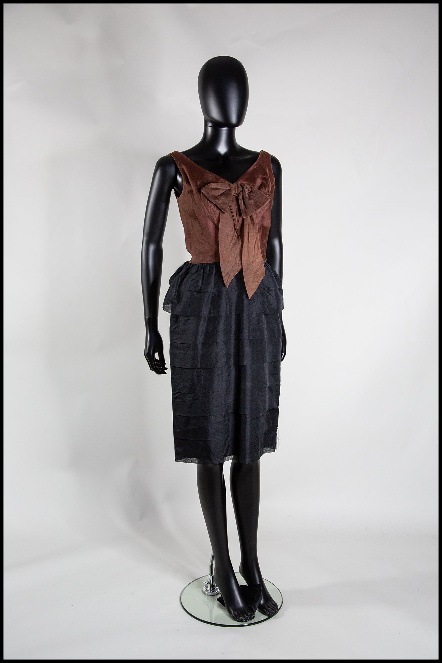 Vintage 1950s Brown Black Silk Ruffle Cocktail Dress