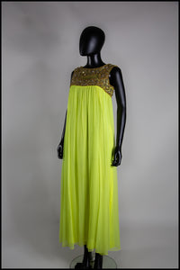 Vintage 1960s Neon Yellow Chiffon Beaded Dress