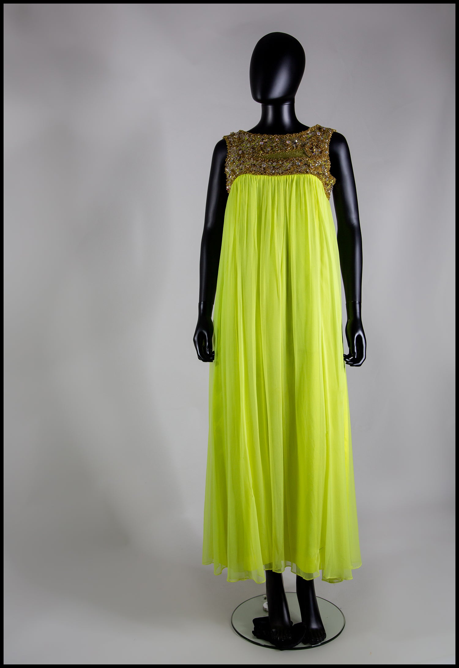 Vintage 1960s Neon Yellow Chiffon Beaded Dress