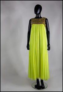 Vintage 1960s Neon Yellow Chiffon Beaded Dress