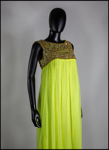 Vintage 1960s Neon Yellow Chiffon Beaded Dress