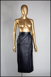 Vintage 1980s Black Leather Panel Cut Pencil Skirt