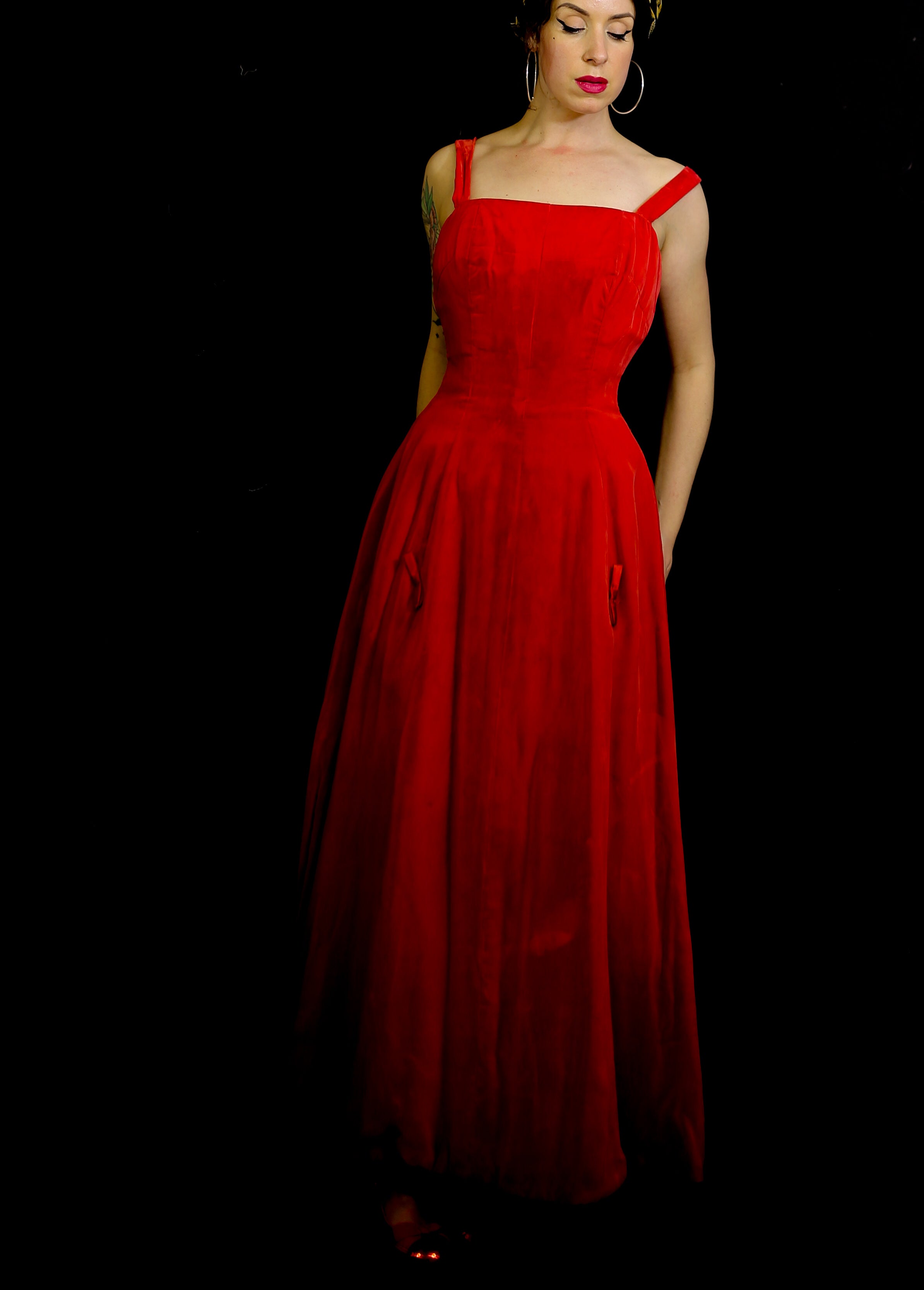 Vintage 1950s Red Velvet Ballgown Dress