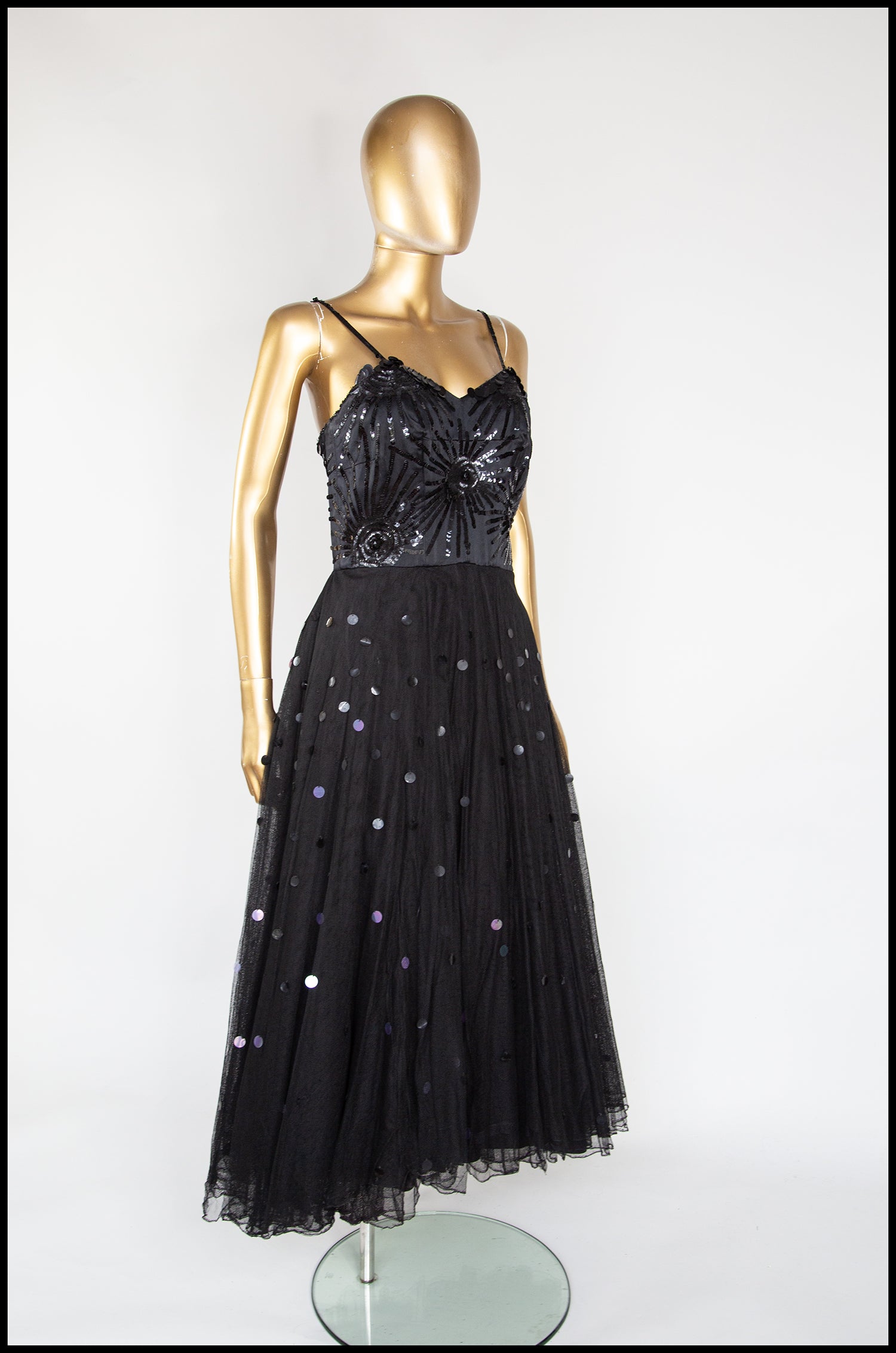 Vintage 1950s Black Sequin Tulle Dress