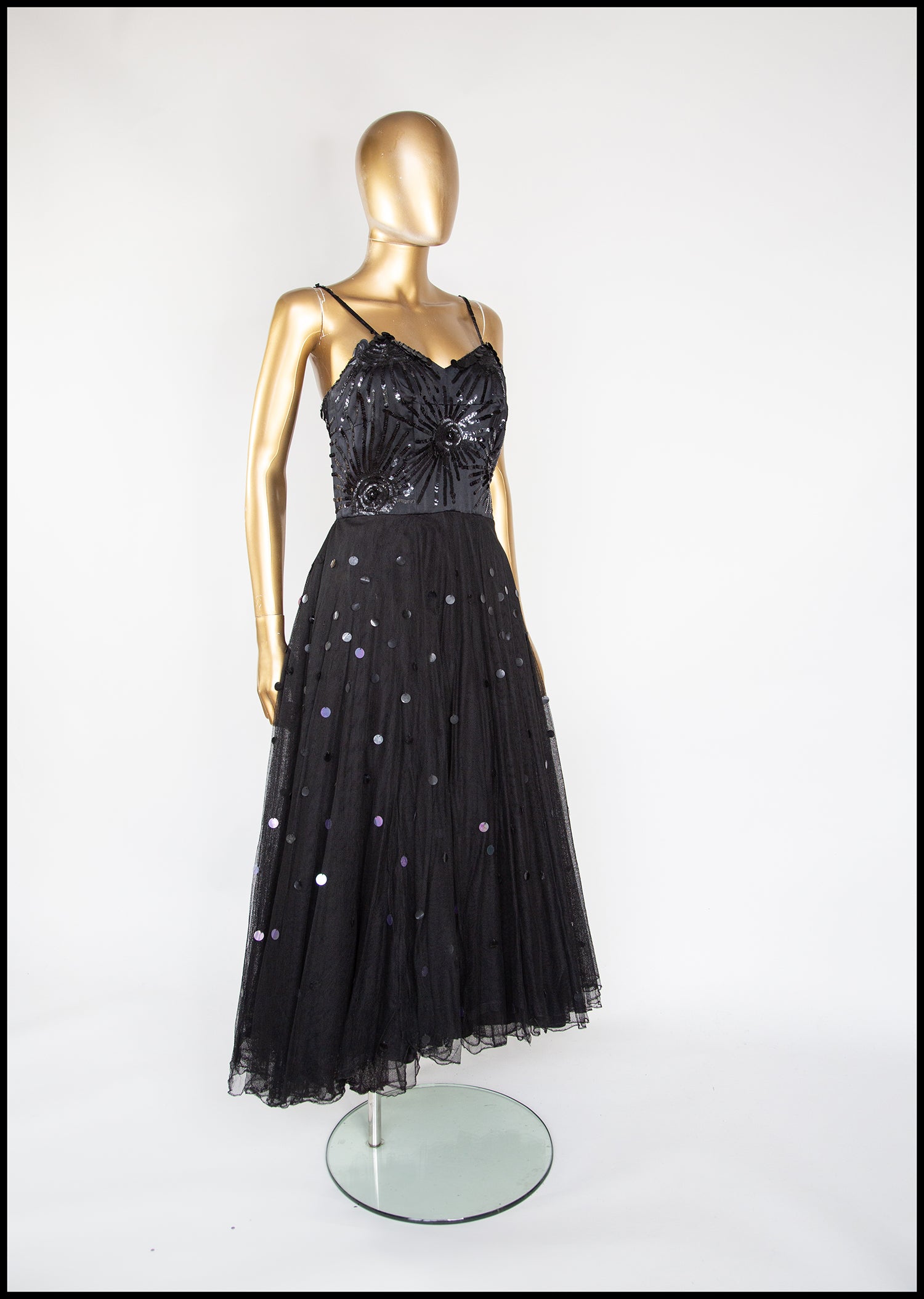 Vintage 1950s Black Sequin Tulle Dress