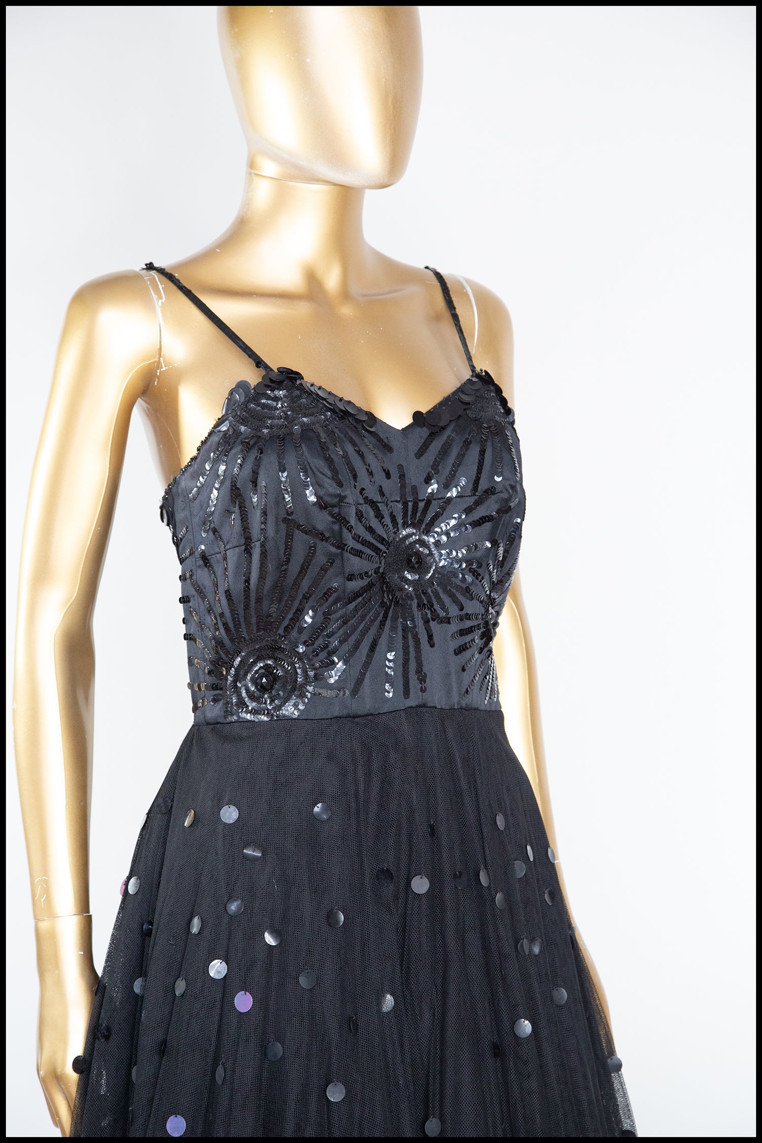 Vintage 1950s Black Sequin Tulle Dress