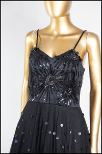 Vintage 1950s Black Sequin Tulle Dress