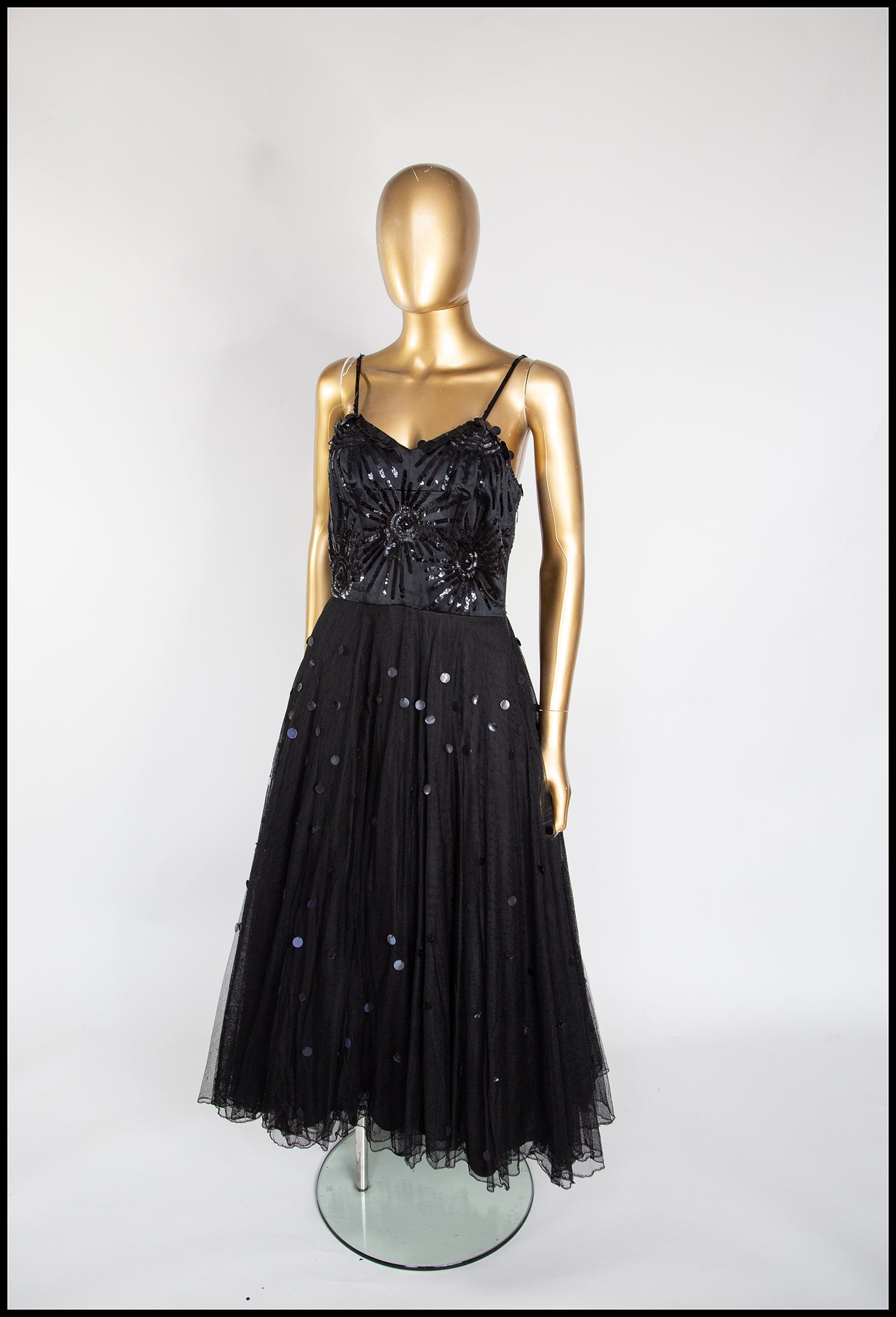 Vintage 1950s Black Sequin Tulle Dress