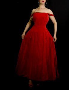 Vintage 1950s Red Velvet Ballgown Dress