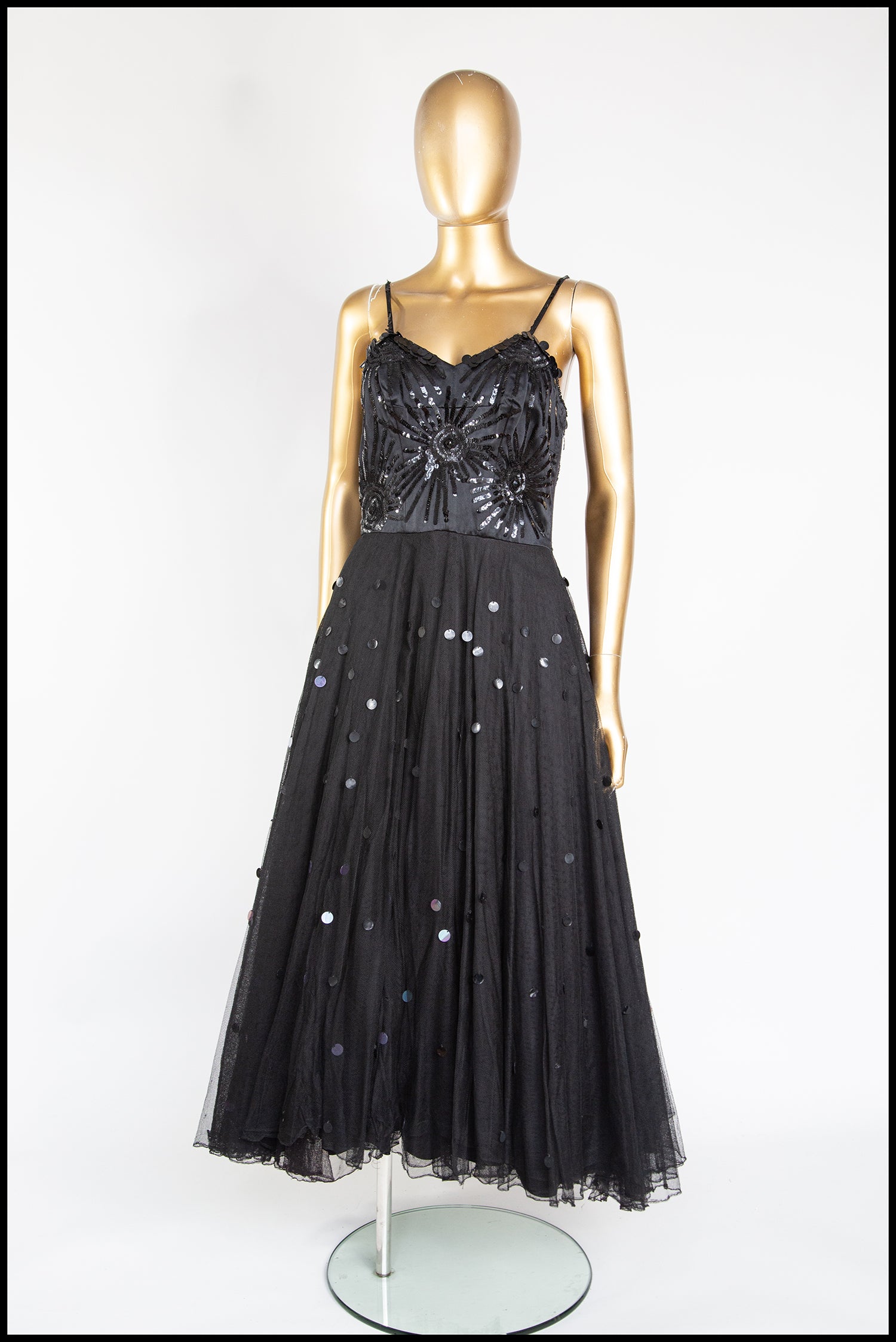 Vintage 1950s Black Sequin Tulle Dress