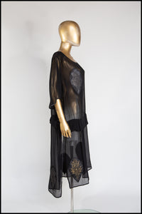 Vintage 1920s Black Silk Chiffon Applique Dress