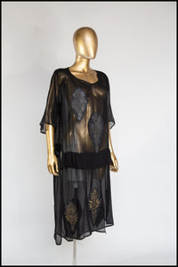 Vintage 1920s Black Silk Chiffon Applique Dress